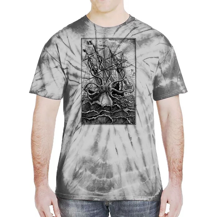 Vintage Kraken Attacking Ship Illustration Tie-Dye T-Shirt