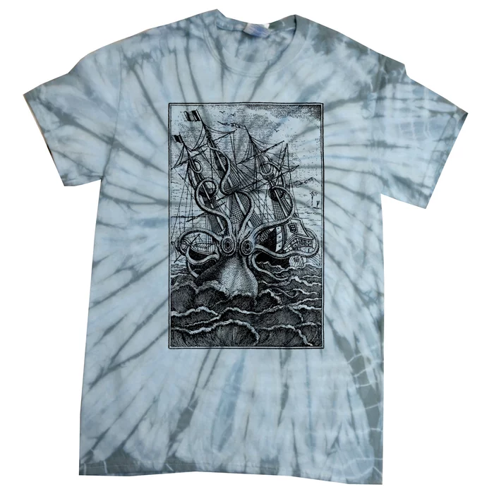 Vintage Kraken Attacking Ship Illustration Tie-Dye T-Shirt