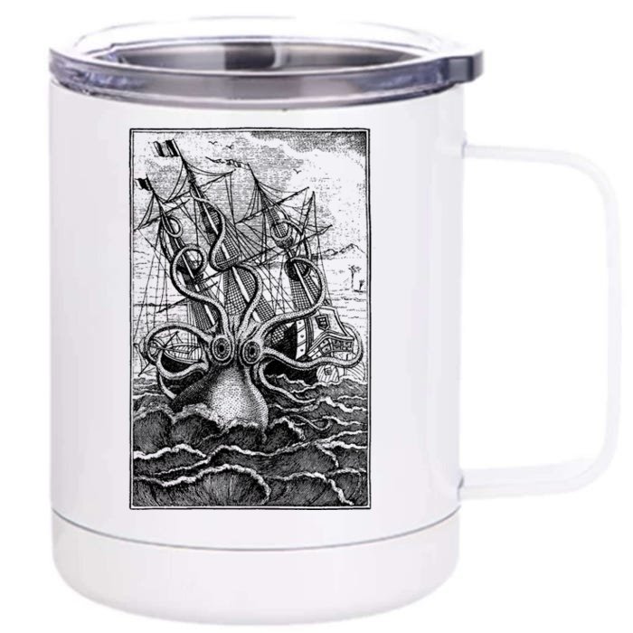 Vintage Kraken Attacking Ship Illustration Front & Back 12oz Stainless Steel Tumbler Cup