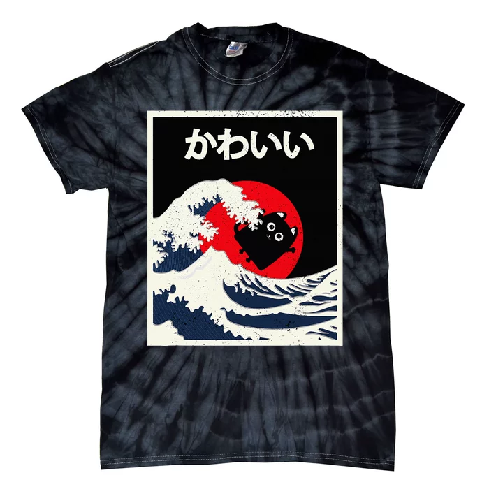 Vintage Kawaii Black Cat Anime Japanese Kanagawa Japanese Tie-Dye T-Shirt