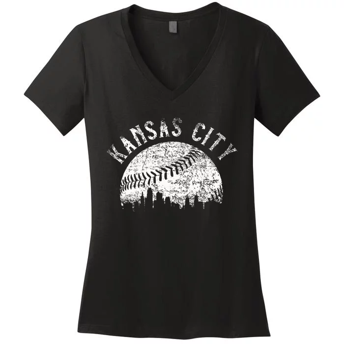 Vintage Kansas City Missouri Skyline Women's V-Neck T-Shirt