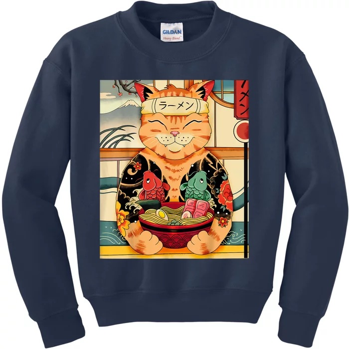 Vintage Kawaii Cat Anime Lovers Japanese Ramen Lovers Kids Sweatshirt