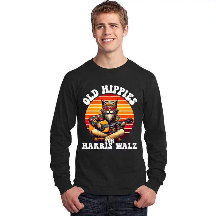 Vintage Kamala Cat Hippie Old Hippies For Harris Waltz 2024 Tall Long Sleeve T-Shirt