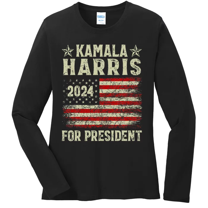 Vintage Kamala Harris 2024 For President Election Campaign Ladies Long Sleeve Shirt