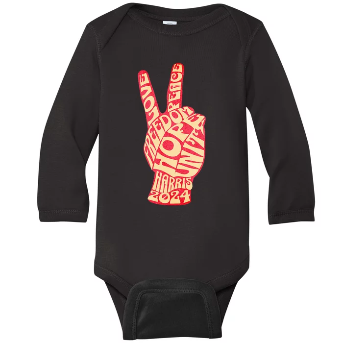 Vintage Kamala Harris 2024 For President Campaign Peace Sign Baby Long Sleeve Bodysuit