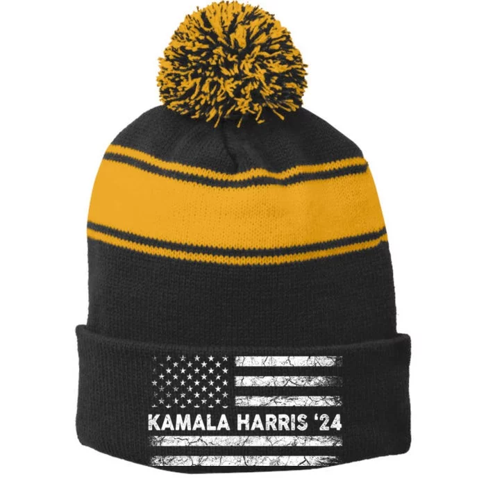 Vintage Kamala Harris 2024 For President Election Campaign Stripe Pom Pom Beanie