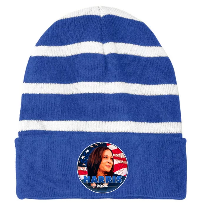 Vote Kamala Harris 2024 Election Emblem Striped Beanie with Solid Band