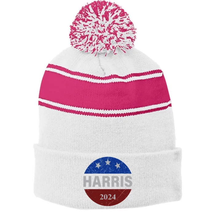 Vote Kamala Harris For President 2024 Button Usa Flag Stripe Pom Pom Beanie