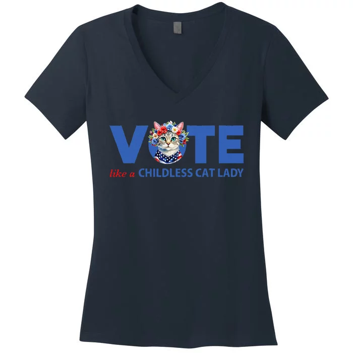 Vote Like A Childless Cat Lady Floral Cat Vote For Kamala Women's V-Neck T-Shirt