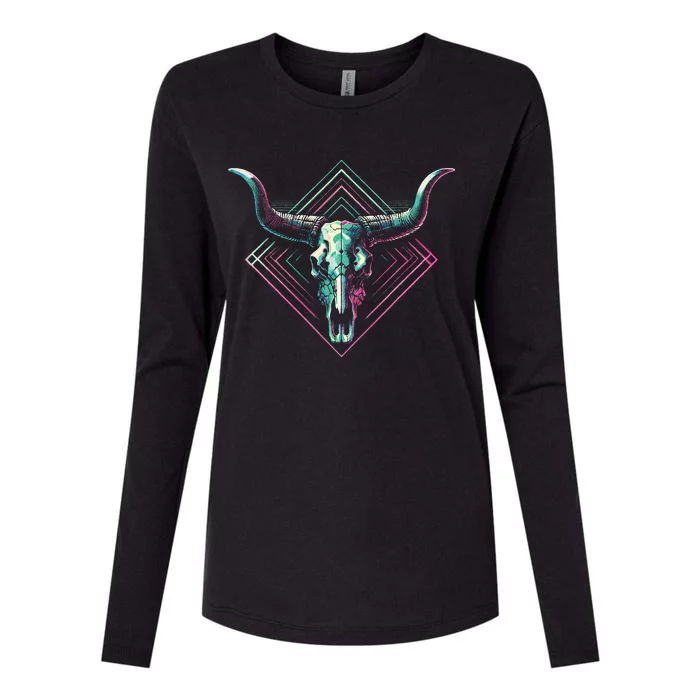 Vaporwave Longhorn Cow Cattle Skull Art 80s 90s Womens Cotton Relaxed Long Sleeve T-Shirt