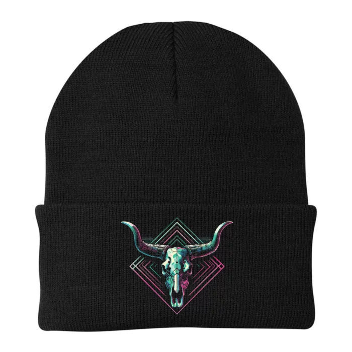 Vaporwave Longhorn Cow Cattle Skull Art 80s 90s Knit Cap Winter Beanie