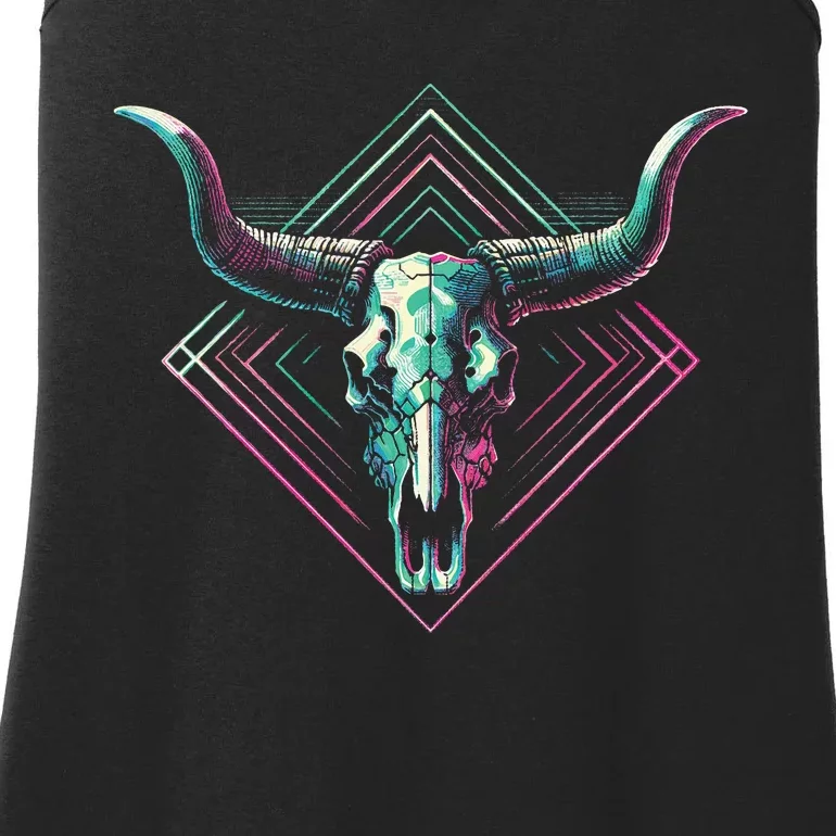 Vaporwave Longhorn Cow Cattle Skull Art 80s 90s Ladies Essential Tank