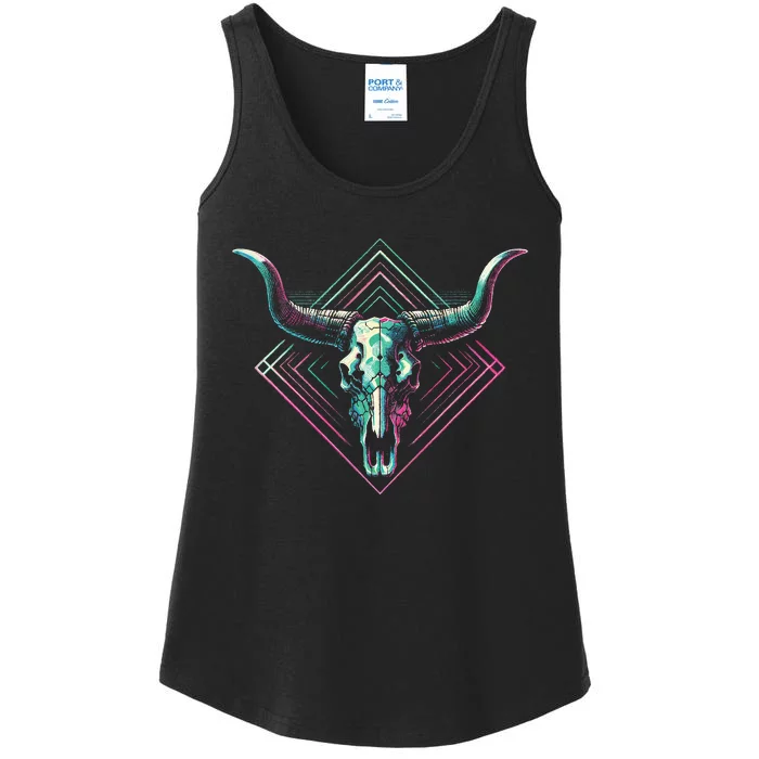 Vaporwave Longhorn Cow Cattle Skull Art 80s 90s Ladies Essential Tank