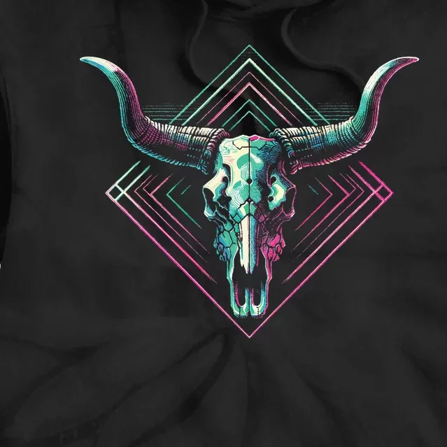 Vaporwave Longhorn Cow Cattle Skull Art 80s 90s Tie Dye Hoodie