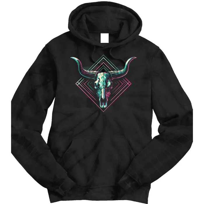 Vaporwave Longhorn Cow Cattle Skull Art 80s 90s Tie Dye Hoodie