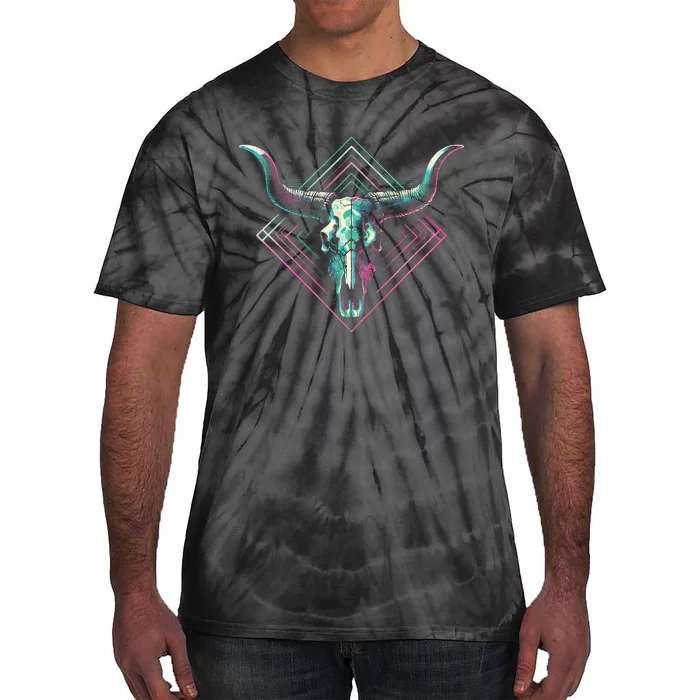 Vaporwave Longhorn Cow Cattle Skull Art 80s 90s Tie-Dye T-Shirt