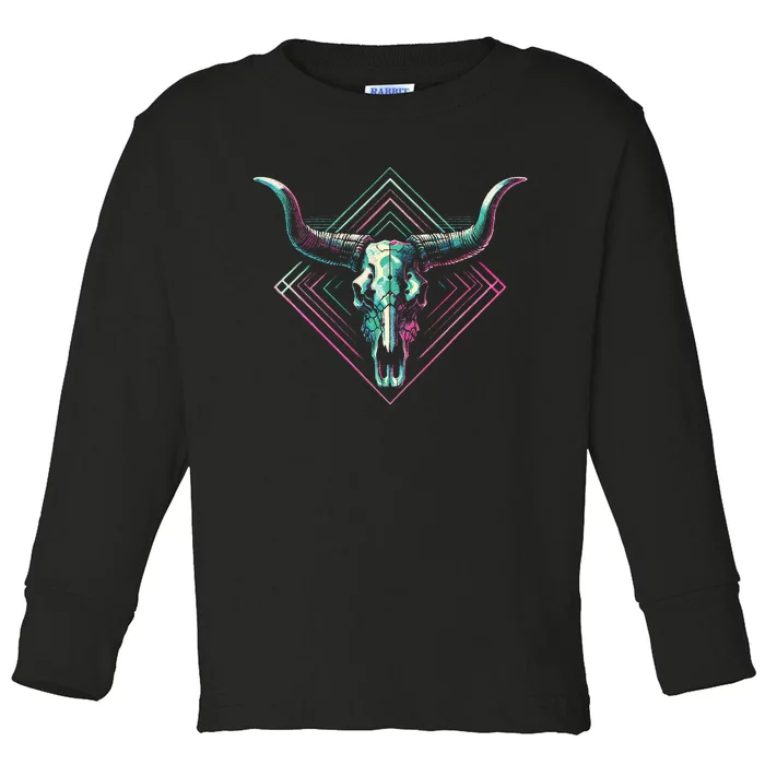 Vaporwave Longhorn Cow Cattle Skull Art 80s 90s Toddler Long Sleeve Shirt