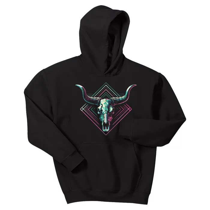 Vaporwave Longhorn Cow Cattle Skull Art 80s 90s Kids Hoodie