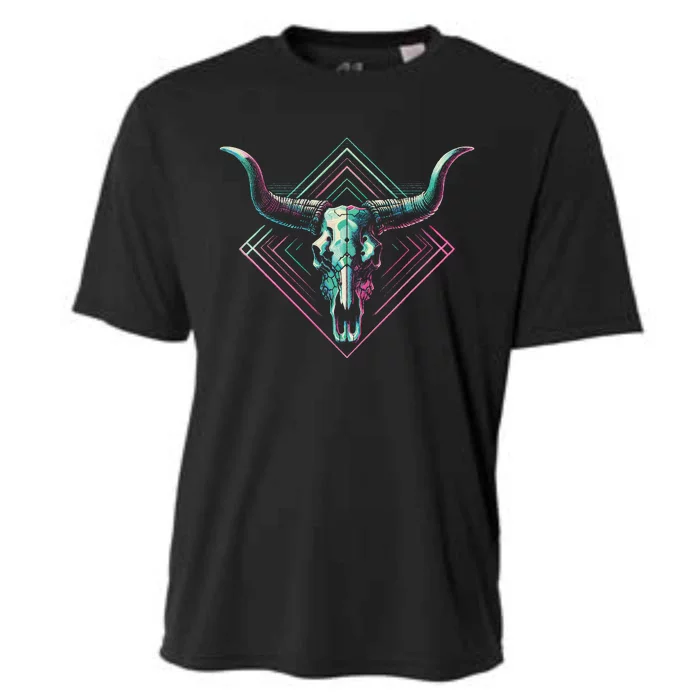 Vaporwave Longhorn Cow Cattle Skull Art 80s 90s Retro Style Cooling Performance Crew T-Shirt