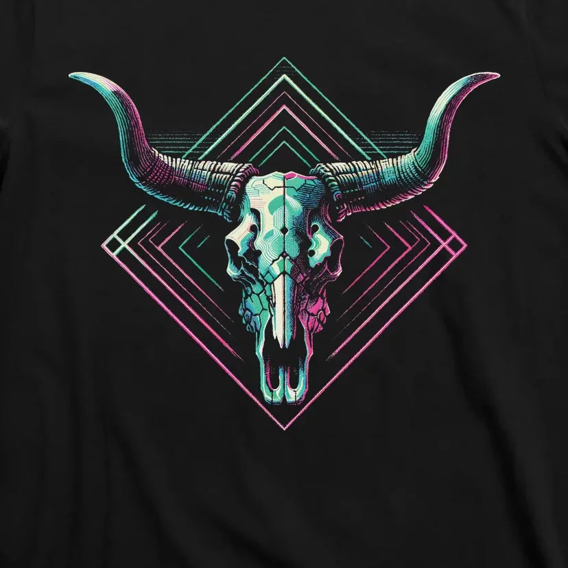 Vaporwave Longhorn Cow Cattle Skull Art 80s 90s Retro Style T-Shirt