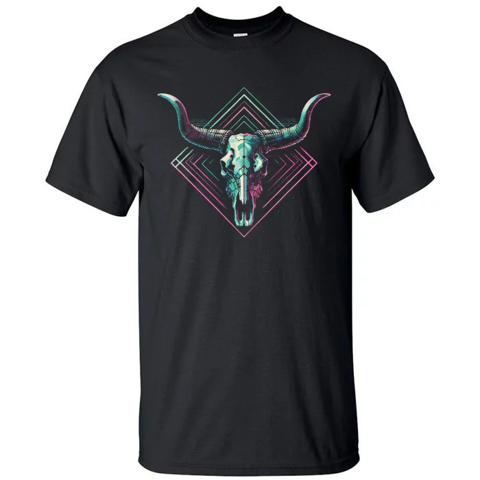 Vaporwave Longhorn Cow Cattle Skull Art 80s 90s Retro Style Tall T-Shirt