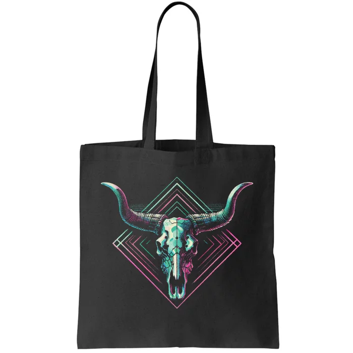 Vaporwave Longhorn Cow Cattle Skull Art 80s 90s Retro Style Tote Bag