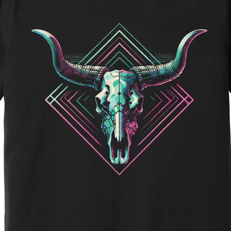 Vaporwave Longhorn Cow Cattle Skull Art 80s 90s Retro Style Premium T-Shirt