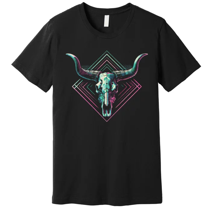 Vaporwave Longhorn Cow Cattle Skull Art 80s 90s Retro Style Premium T-Shirt