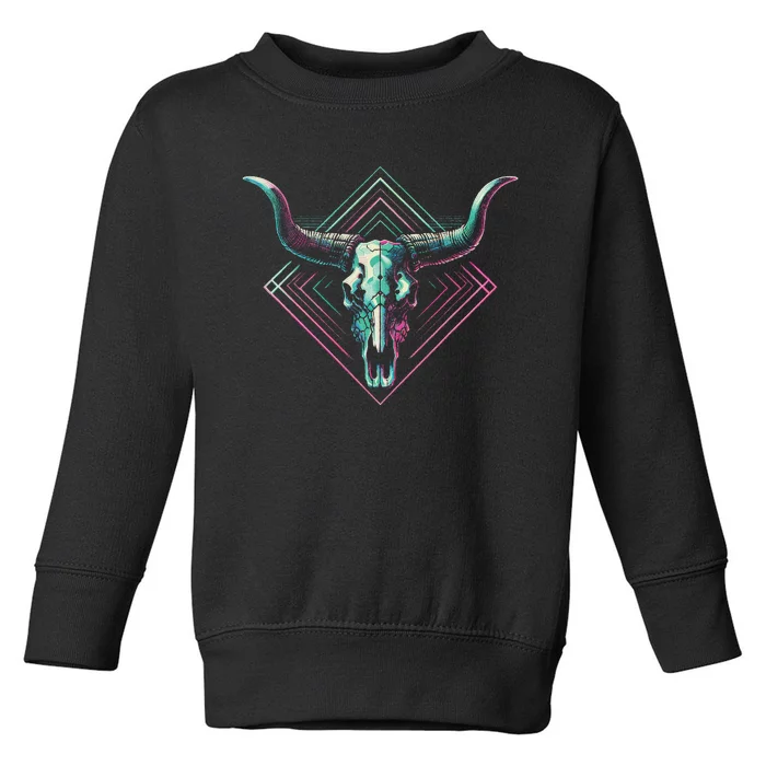 Vaporwave Longhorn Cow Cattle Skull Art 80s 90s Retro Style Toddler Sweatshirt