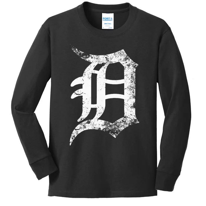 Vintage Letter D Detroit Michigan 313 Area Code White Kids Long Sleeve Shirt