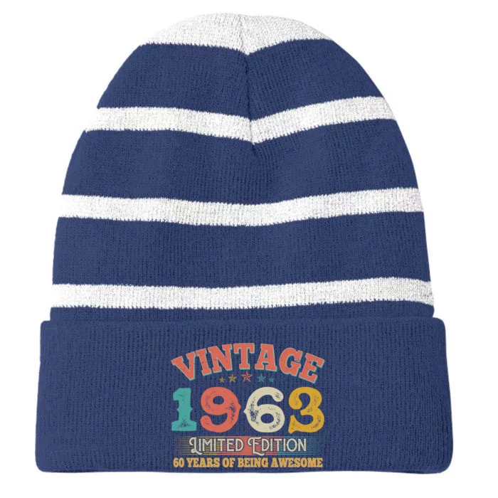 Vintage Limited Edition 1963 60 Years Of Being Awesome Birthday Striped Beanie with Solid Band