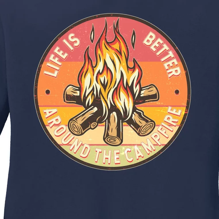 Vintage Life Is Better Around The Campfire Emblem Ladies Long Sleeve Shirt