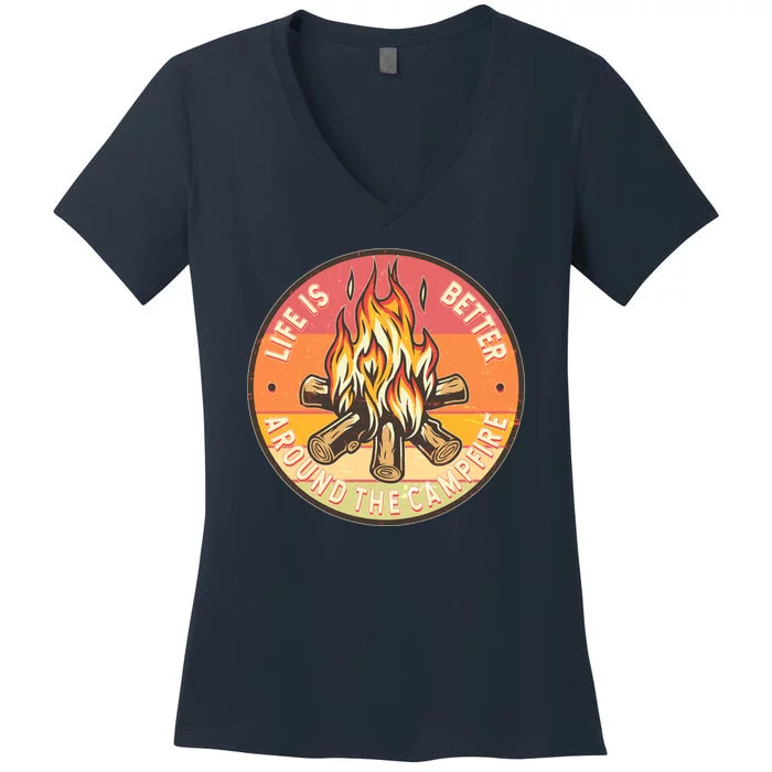 Vintage Life Is Better Around The Campfire Emblem Women's V-Neck T-Shirt