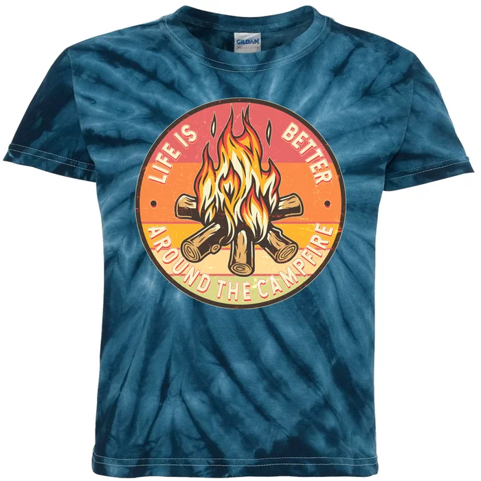 Vintage Life Is Better Around The Campfire Emblem Kids Tie-Dye T-Shirt