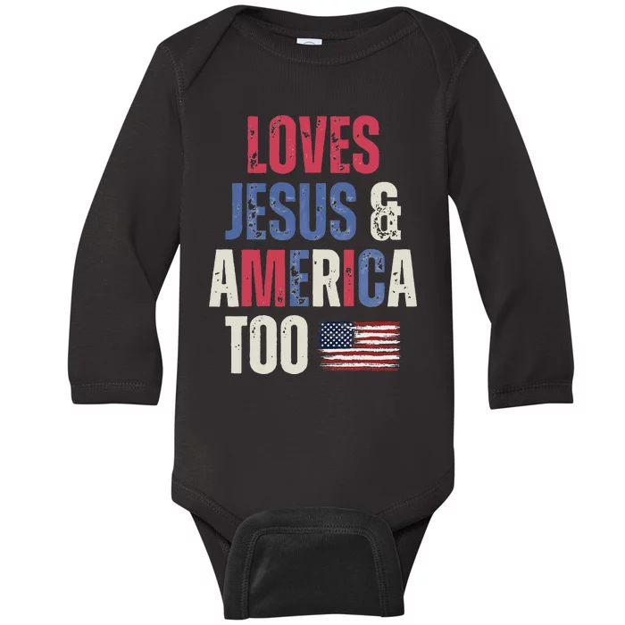 Vintage Loves Jesus And America Too Patriotic Proud US.Flag Baby Long Sleeve Bodysuit