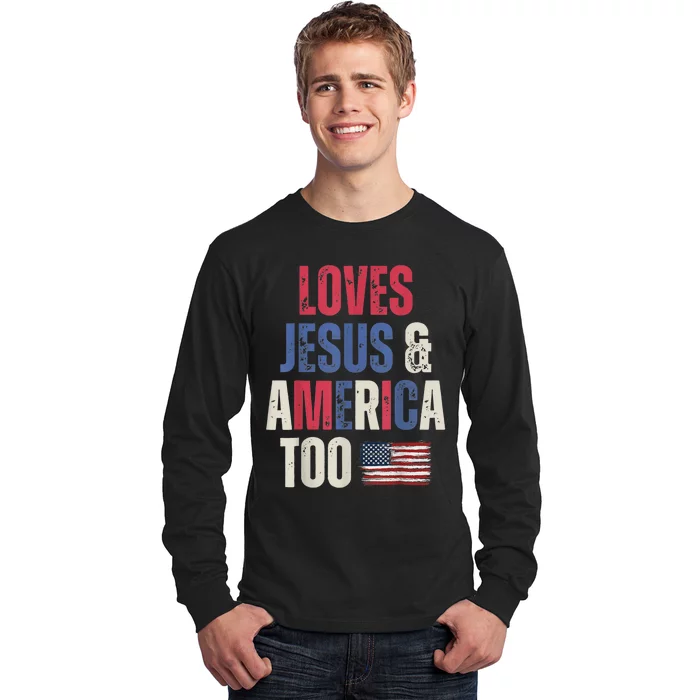 Vintage Loves Jesus And America Too Patriotic Proud USA Flag Long Sleeve Shirt