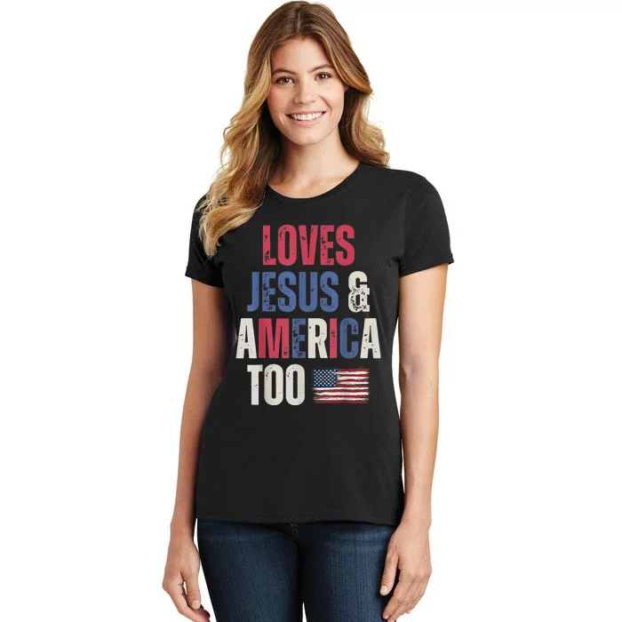 Vintage Loves Jesus And America Too Patriotic, Proud US.Flag Women's T-Shirt