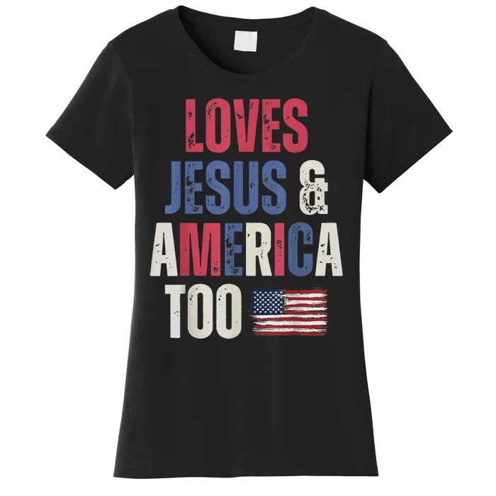 Vintage Loves Jesus And America Too Patriotic, Proud US.Flag Women's T-Shirt