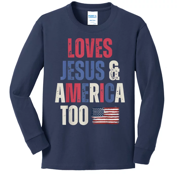 Vintage Loves Jesus And America Too Patriotic Proud US.Flag Kids Long Sleeve Shirt