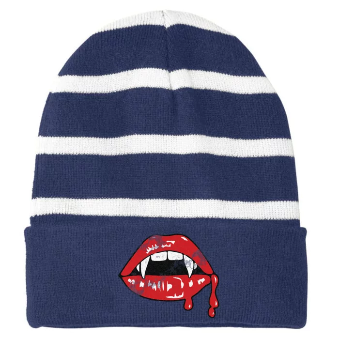 Vampire Lips Lazy Halloween Costume Blood Fangs Striped Beanie with Solid Band