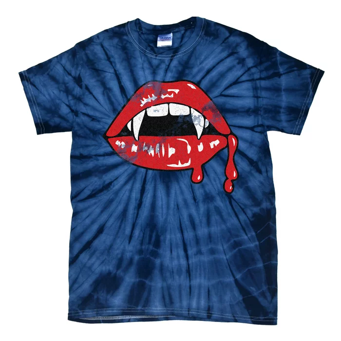 Vampire Lips Lazy Halloween Costume Blood Fangs Tie-Dye T-Shirt