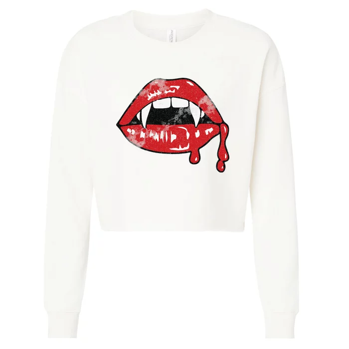 Vampire Lips Lazy Halloween Costume Blood Fangs Cropped Pullover Crew