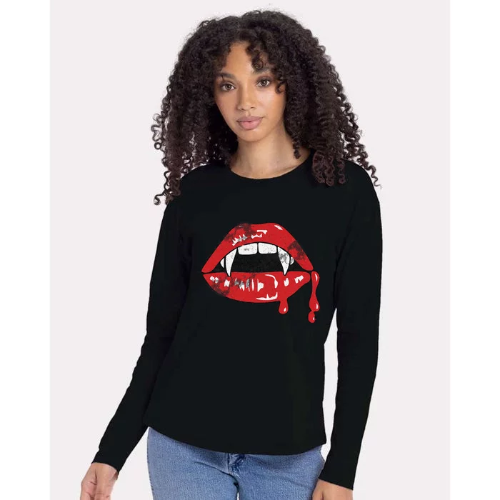 Vampire Lips Lazy Halloween Costume Blood Fangs Womens Cotton Relaxed Long Sleeve T-Shirt