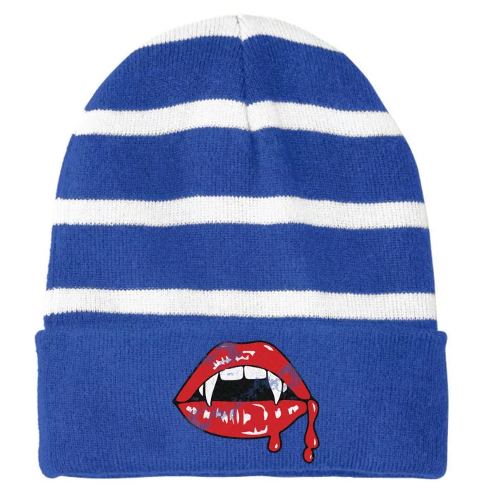 Vampire Lips Lazy Halloween Costume Blood Fangs Striped Beanie with Solid Band