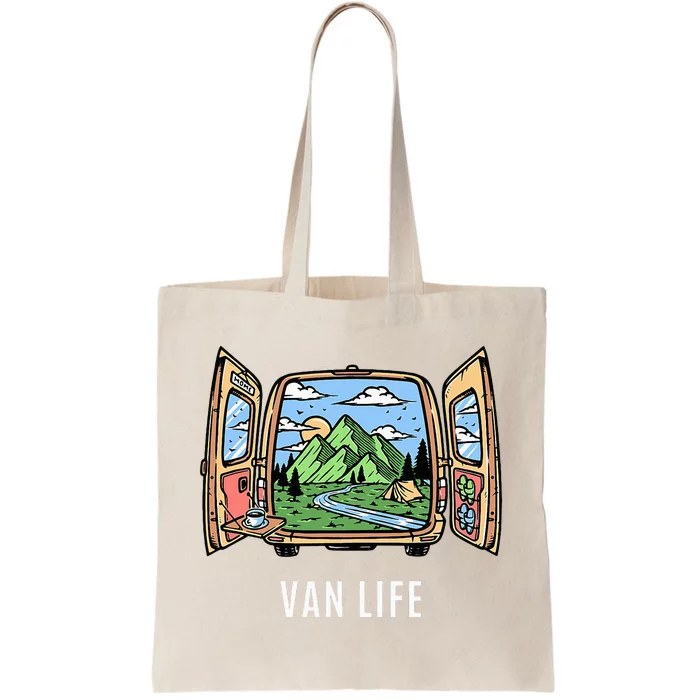 Van Life Mountain Scene Camper Hiker And Nomad Travelers Tote Bag