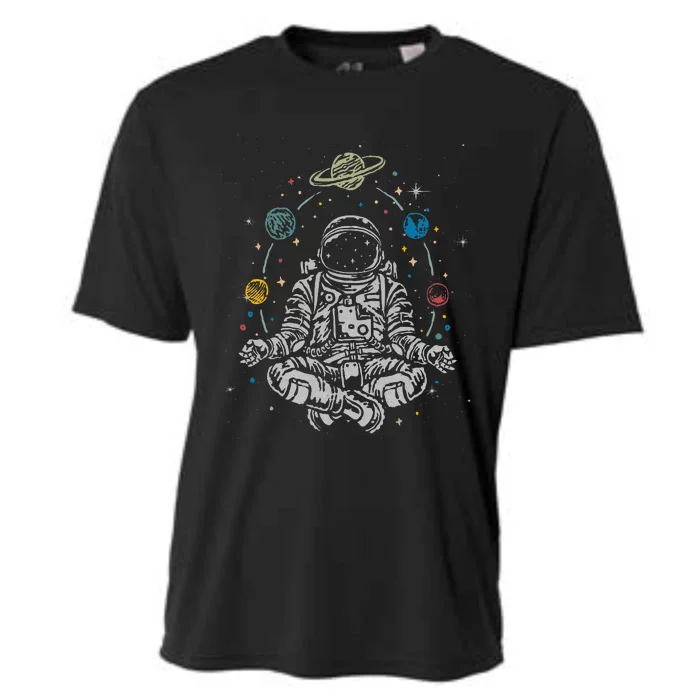 Vintage Lotus Meditating Astronaut Zen Yoga Planets Universe Cooling Performance Crew T-Shirt