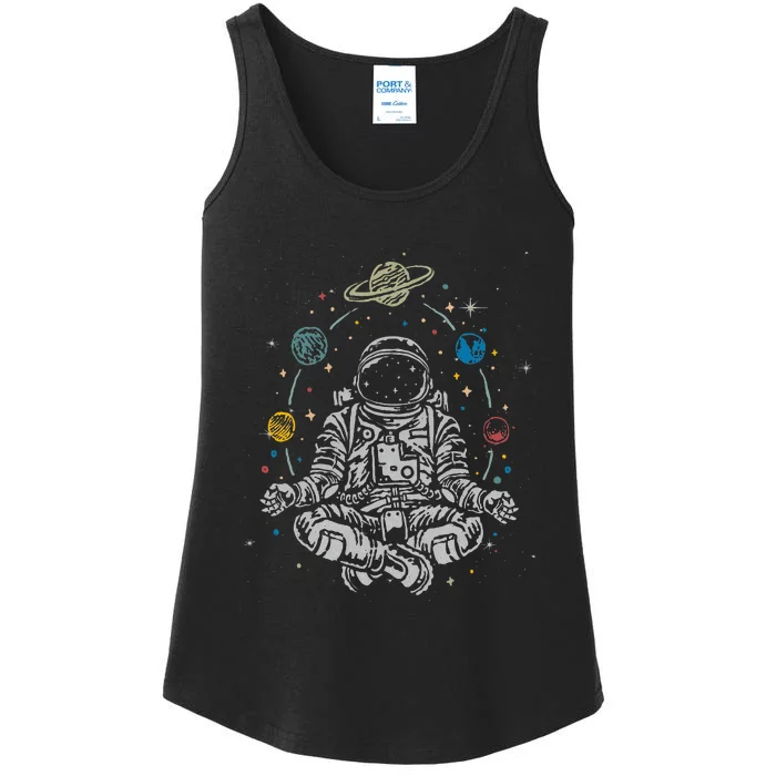 Vintage Lotus Meditating Astronaut Zen Yoga Planets Universe Ladies Essential Tank