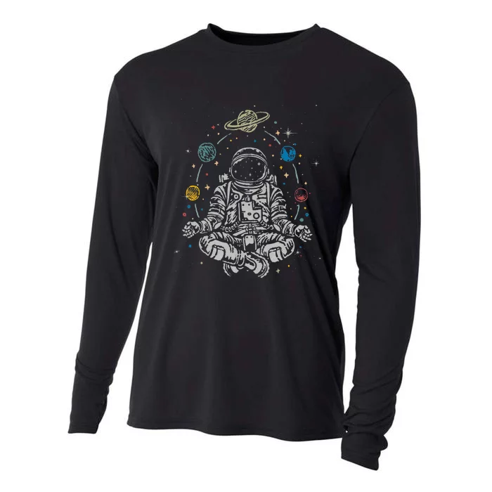 Vintage Lotus Meditating Astronaut Zen Yoga Planets Universe Cooling Performance Long Sleeve Crew