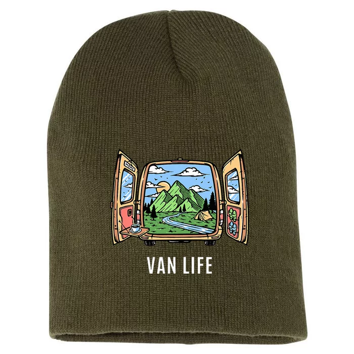 Van Life Mountain Scene Camper Hiker And Nomad Travelers Short Acrylic Beanie