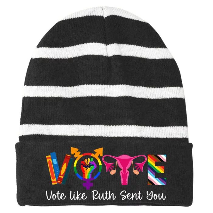 Vote Like Ruth Sent You Uterus Feminist Lgbt Striped Beanie with Solid Band